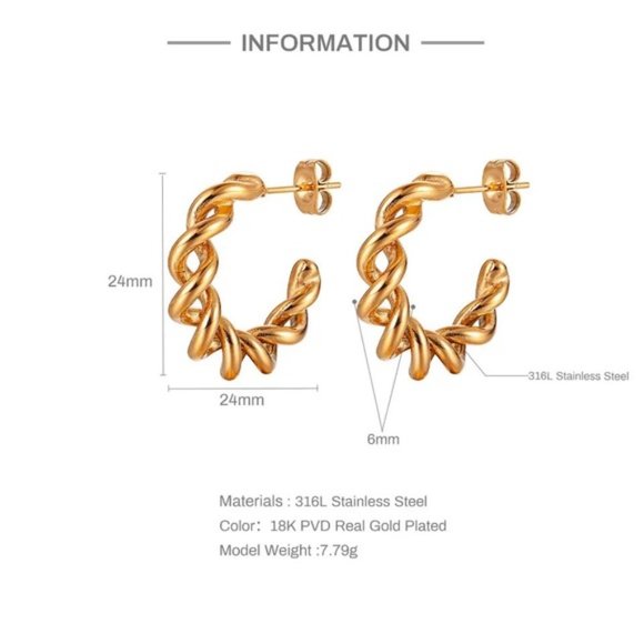 18k Gold Plated Twisted Hoop Earrings - Picture 2 of 7